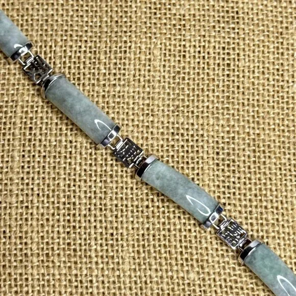 Jade Of Yesteryear Station Bracelet Green Jade Panels Sterling Silver 7.25" Cast - Picture 4 of 14